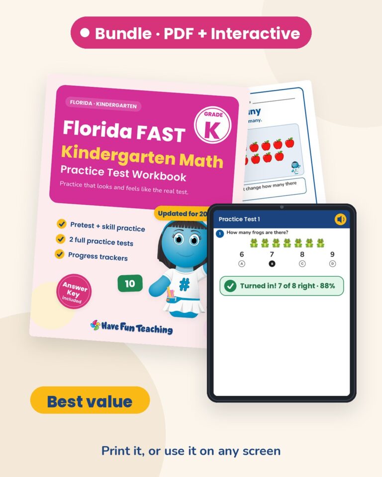 Florida FAST Kindergarten Math Practice Test Workbook