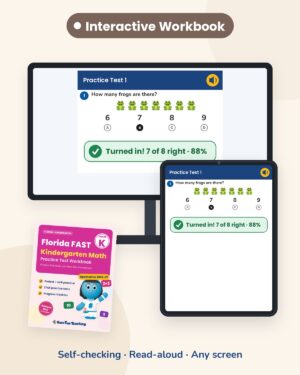 Florida FAST kindergarten math Interactive Workbook on a board and tablet