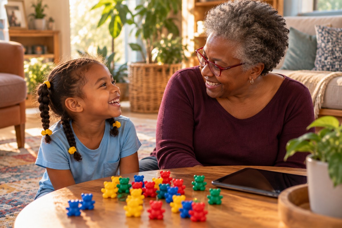 Grandmother and kindergarten granddaughter laughing beside colorful counting bears and a tablet during FAST kindergarten math test prep at home