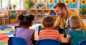 Smiling teacher crouching beside three kindergartners wearing headphones at tablets during FAST kindergarten math test prep