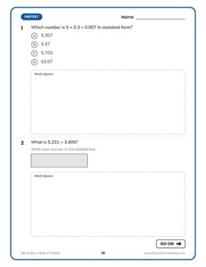 Florida FAST 5th grade math practice test workbook pretest page