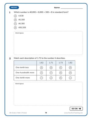Florida FAST 4th grade math practice test workbook pretest page
