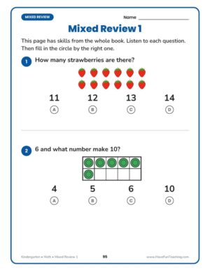 Mixed review page from the Florida FAST kindergarten math workbook