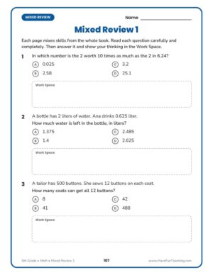 Mixed review page from the Florida FAST 5th grade math workbook