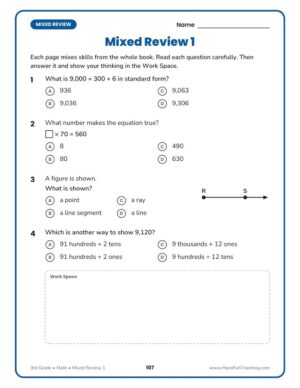 Mixed review page from the Florida FAST 3rd grade math workbook