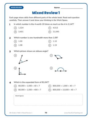 Mixed review page from the Florida FAST 4th grade math workbook