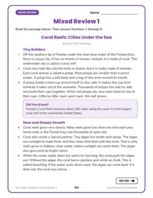 Mixed review page from the Florida FAST 3rd grade reading workbook