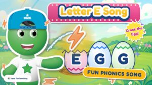 Letter E Song animated music video with Funzy, Roxy's lightning bolt and eggs showing the letter E
