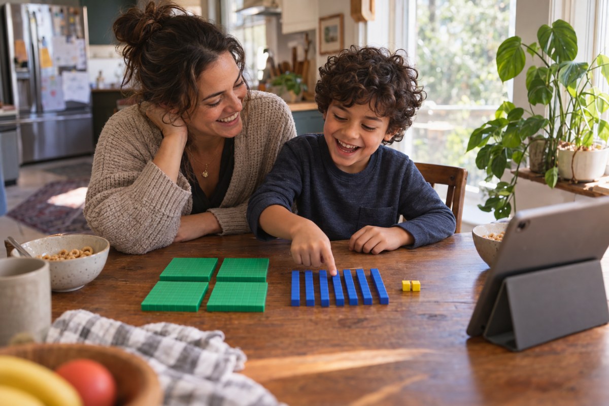 Mom and son building 472 with base-ten blocks at a kitchen table during a place value lesson