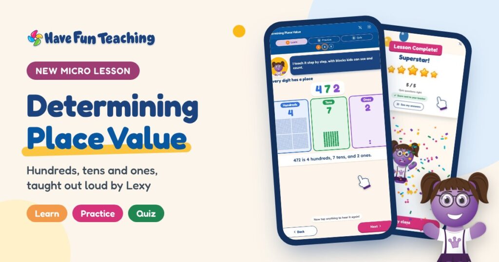 Place value lesson by Lexy shown on two phones with a hundreds, tens and ones chart