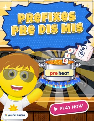 Prefixes Pre Dis Mis Game: a third grade phonics game where Sunny pours the prefix pre into a soup pot on the stove to cook up the word preheat