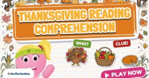 Thanksgiving Reading Comprehension Game with Abby the Funzy, a turkey, a harvest basket and a pumpkin pie