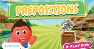Use the Prepositions Game cover with Alphy the Funzy, a clay mouse jumping over a crate and a wedge of cheese