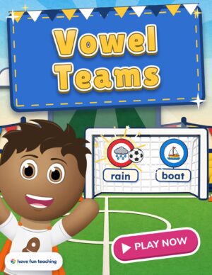 Vowel Teams Game: a second grade phonics game where Doodles kicks a soccer ball at vowel team words like rain and boat in a goal